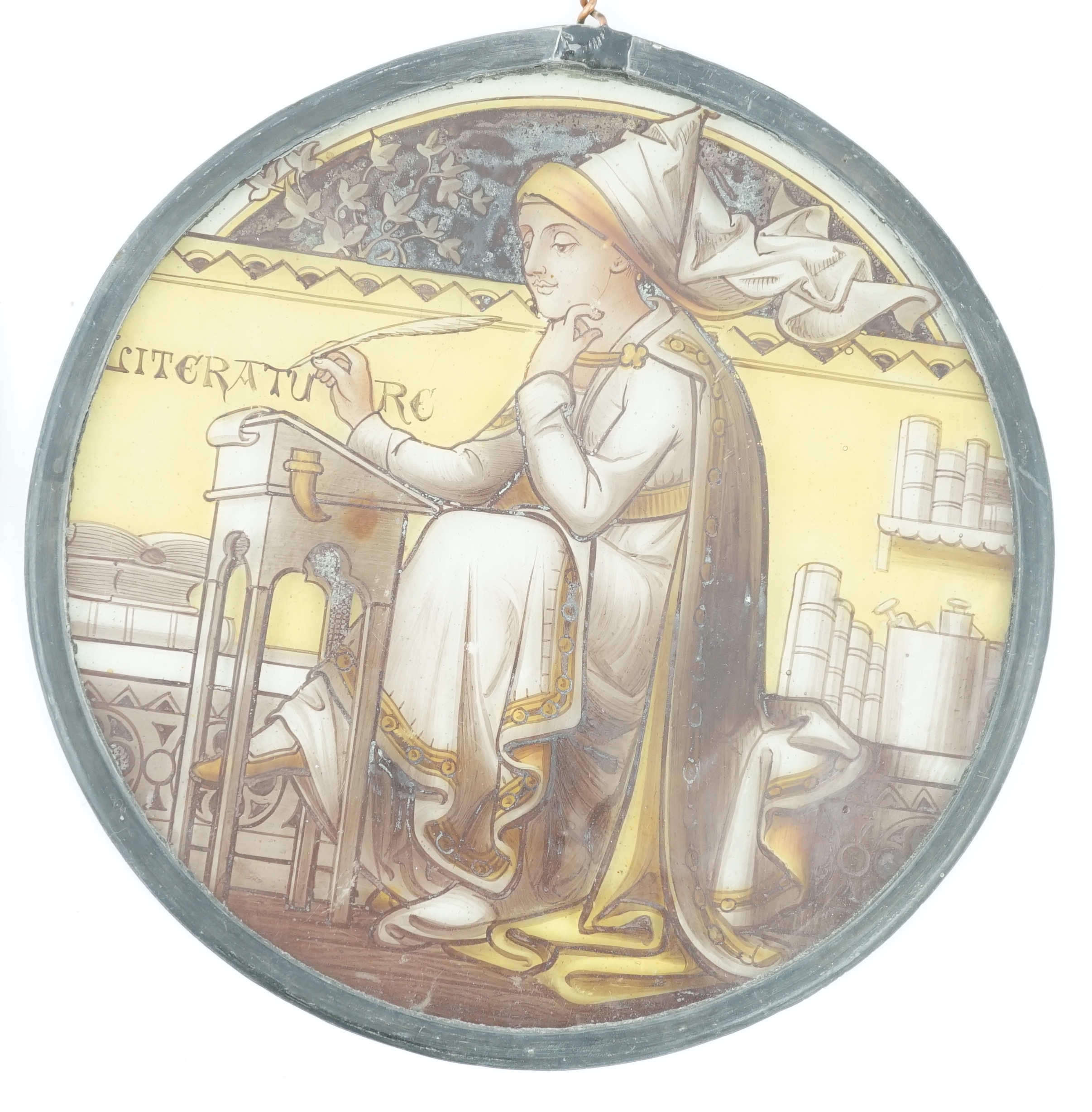 A pair of Victorian stained glass panels, 21.5cm diameter